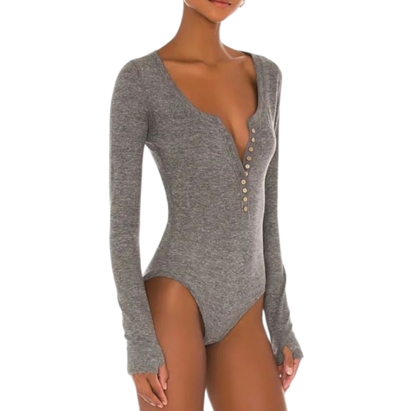 Free People Dylan Thermal Waffle Knit Henley Jumpsuit In Gray Size Medium - Picture 8 of 10